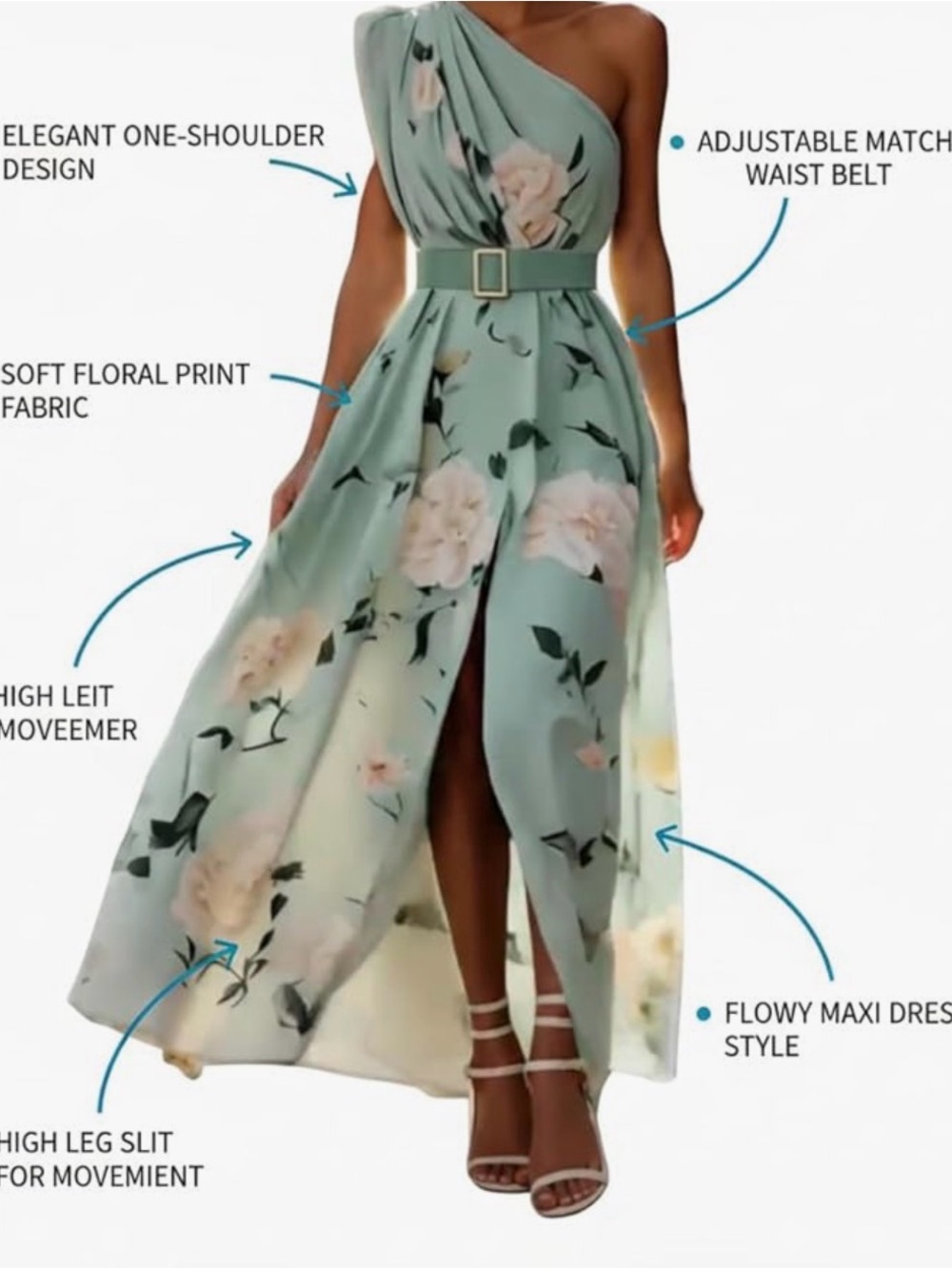 One-Shoulder Blue Floral Maxi Dress with Belt - Picture 4 of 4